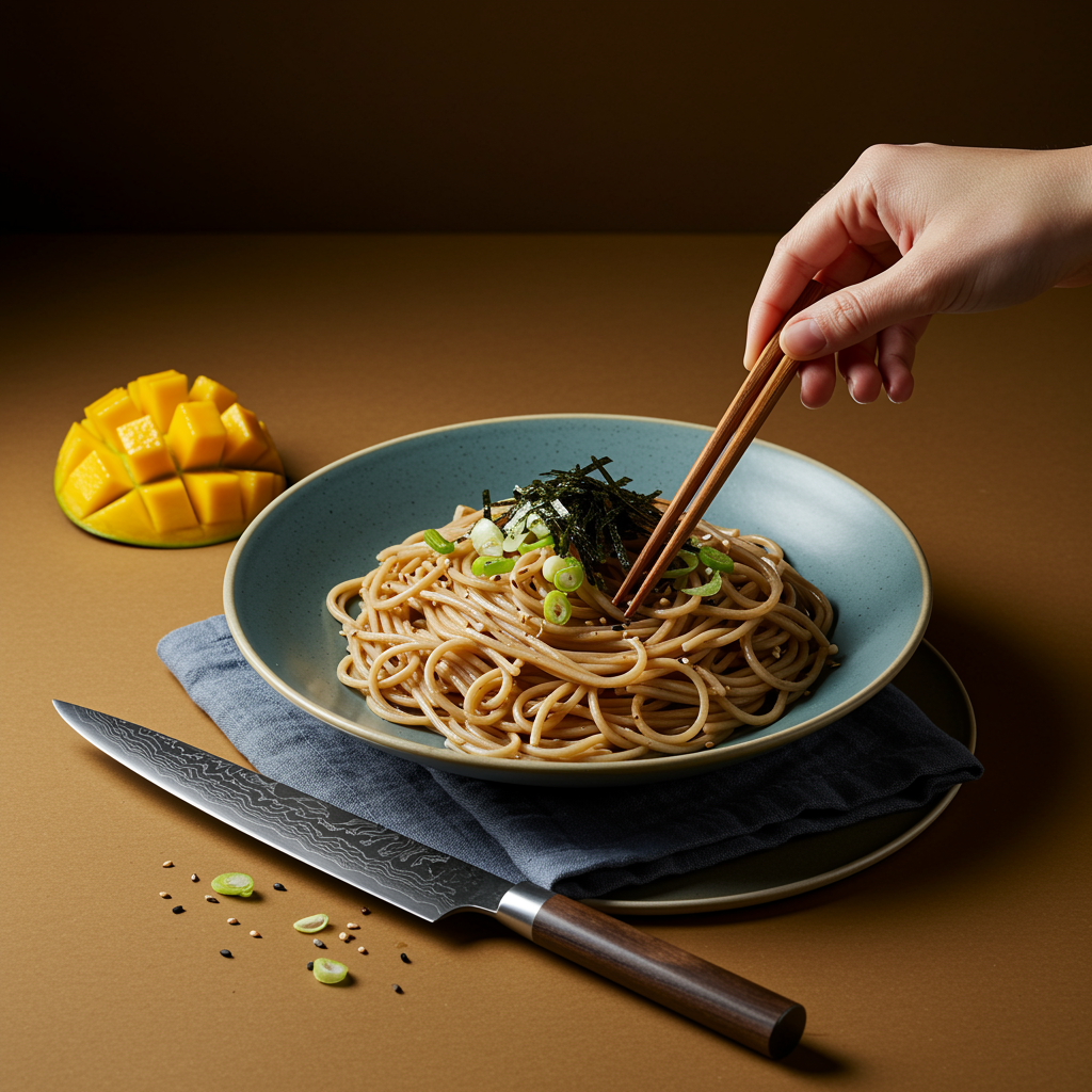 Preparación de receta de Soba con cuchillos de cocina