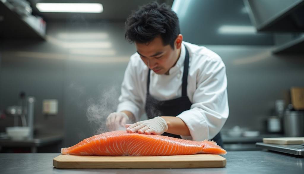 corte profesional del salmón por un chef